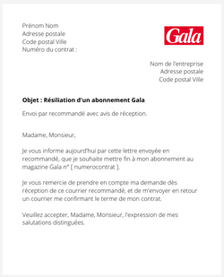 Résiliation d'un abonnement Gala